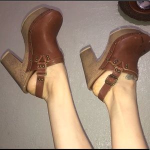 Groovy Leather Harness High Heel Wedge Clogs